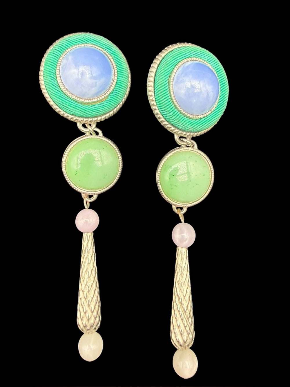Vintage MOD Green Silver and Blue Drop Earrings - Elegant Women's Jewelry